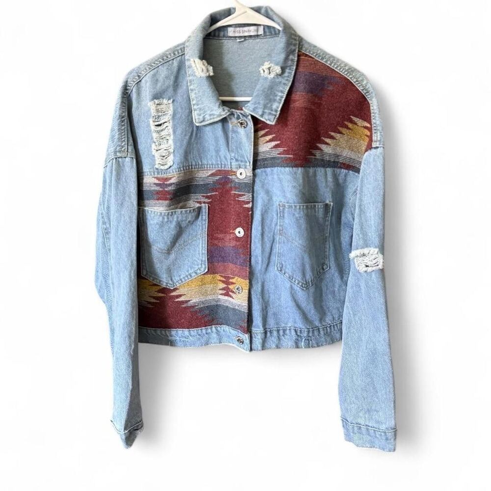 Miss Sparkling Distressed Southwestern Aztec Denim Jacket Oversized Shacket XL